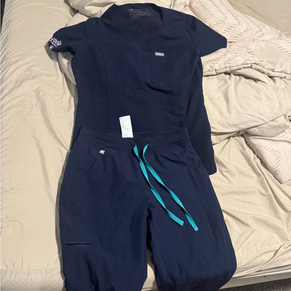 Figs Navy Blue Scrub Set with Teal Drawstrings Aya